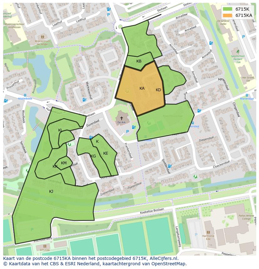 Afbeelding van het postcodegebied 6715 KA op de kaart.