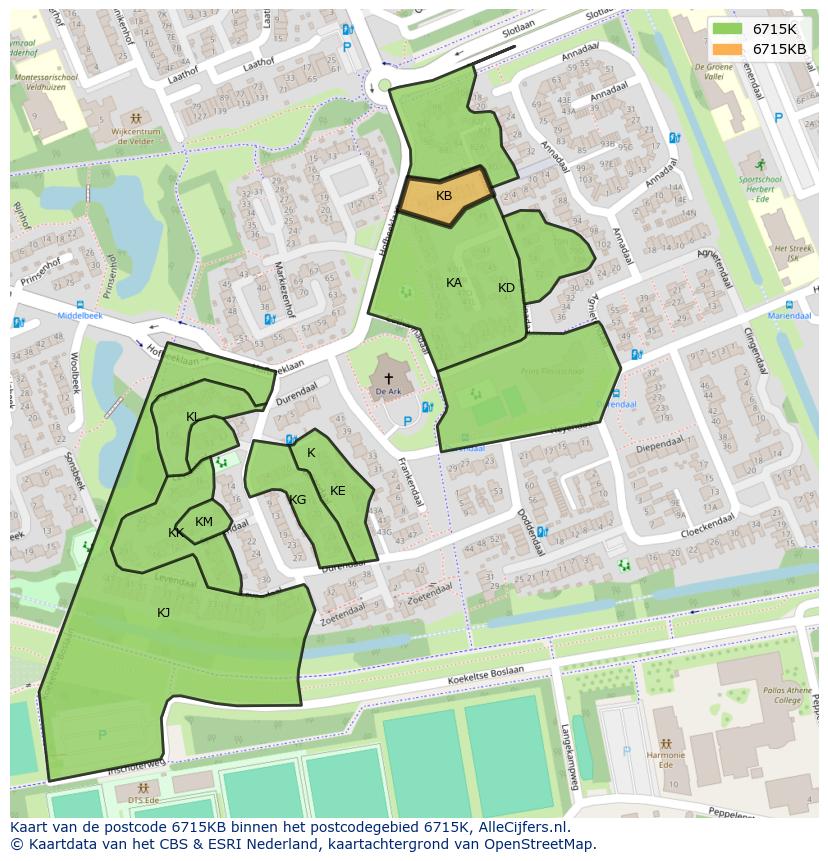 Afbeelding van het postcodegebied 6715 KB op de kaart.