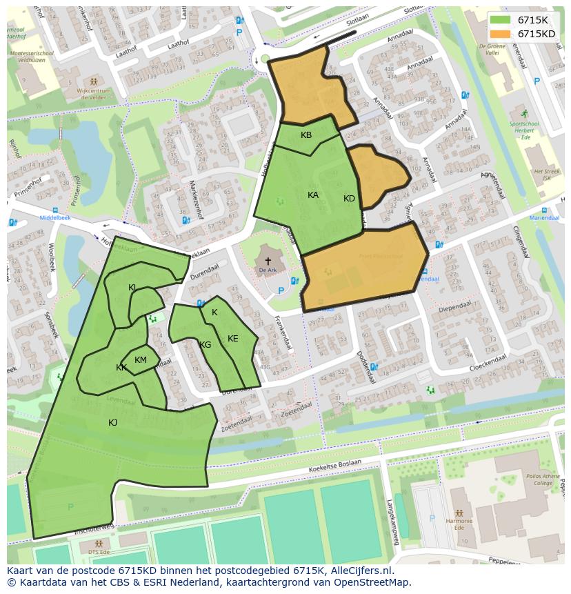 Afbeelding van het postcodegebied 6715 KD op de kaart.