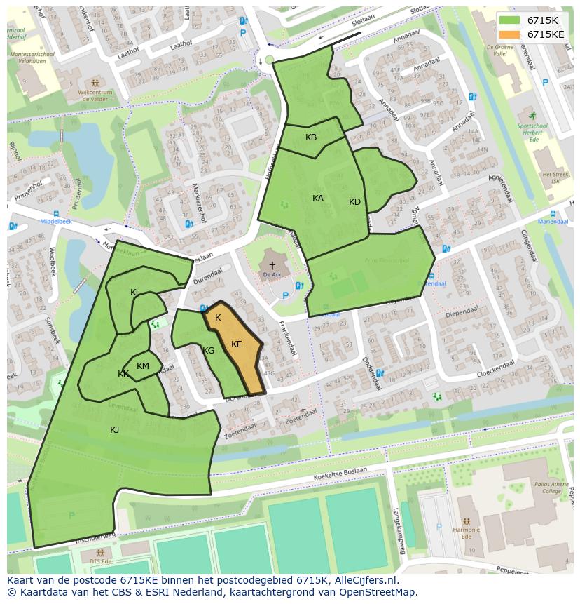 Afbeelding van het postcodegebied 6715 KE op de kaart.