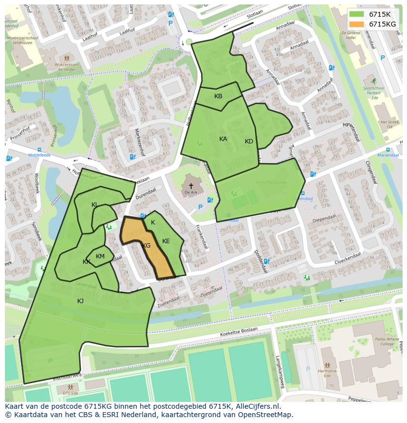 Afbeelding van het postcodegebied 6715 KG op de kaart.