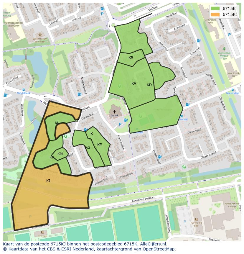 Afbeelding van het postcodegebied 6715 KJ op de kaart.