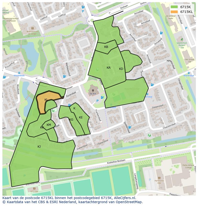 Afbeelding van het postcodegebied 6715 KL op de kaart.