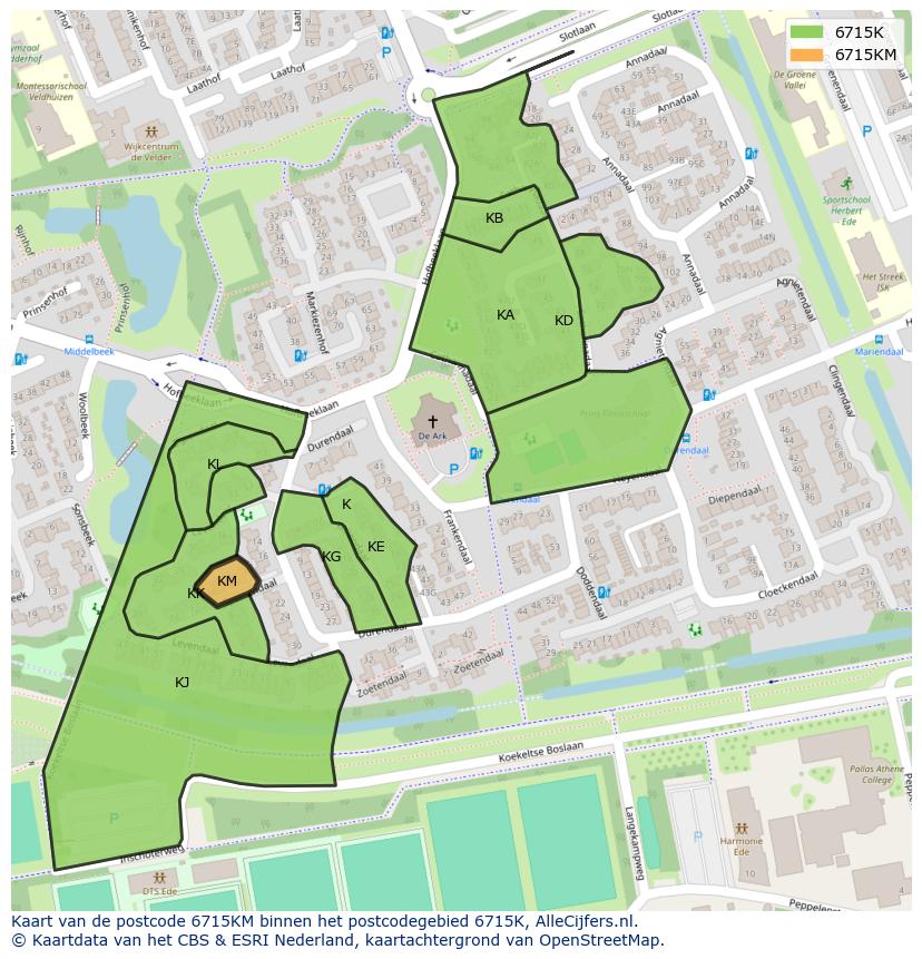 Afbeelding van het postcodegebied 6715 KM op de kaart.