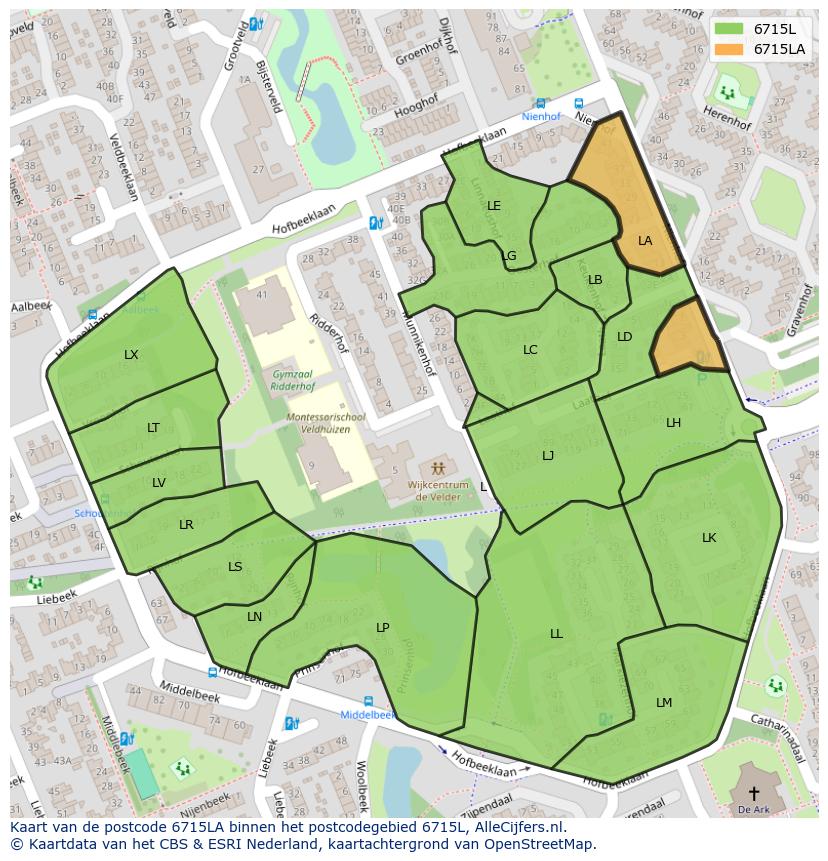Afbeelding van het postcodegebied 6715 LA op de kaart.