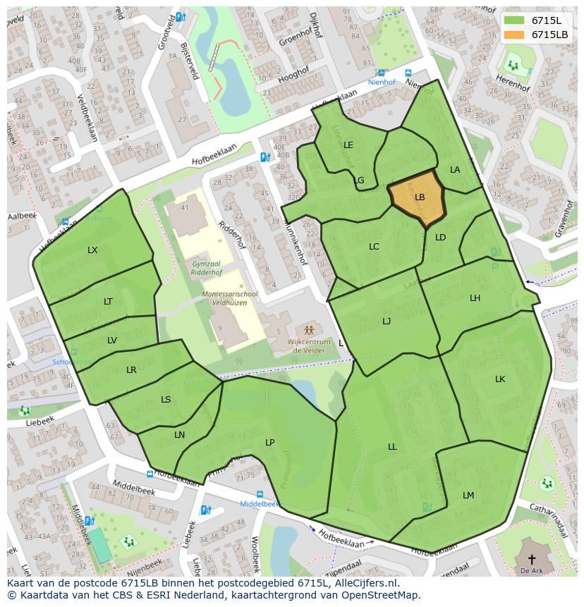 Afbeelding van het postcodegebied 6715 LB op de kaart.