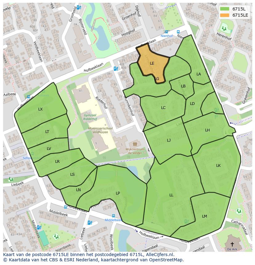 Afbeelding van het postcodegebied 6715 LE op de kaart.