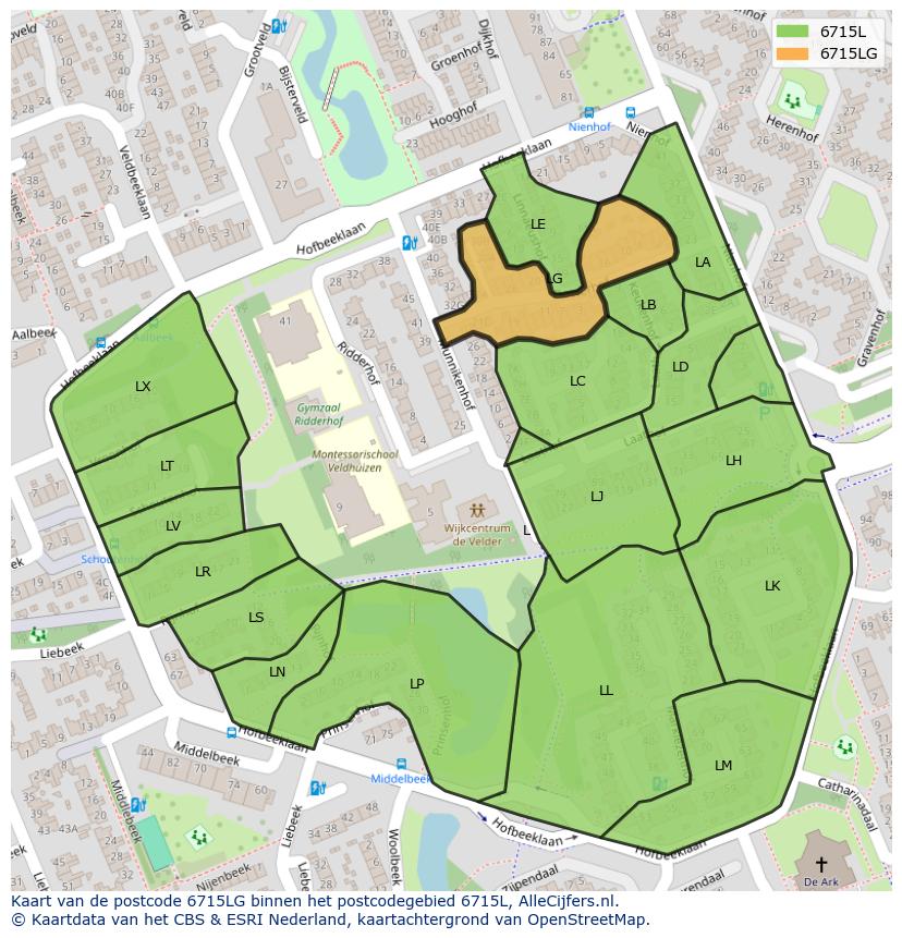 Afbeelding van het postcodegebied 6715 LG op de kaart.