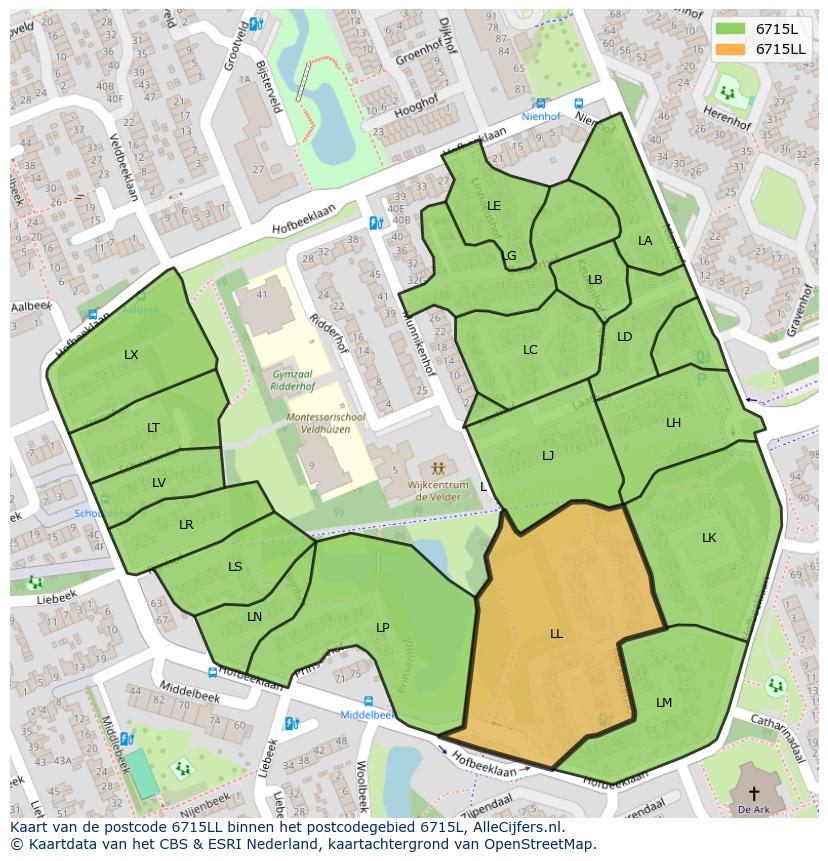 Afbeelding van het postcodegebied 6715 LL op de kaart.