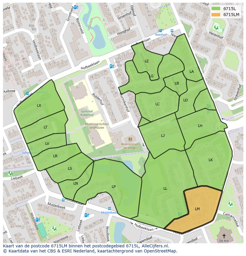 Afbeelding van het postcodegebied 6715 LM op de kaart.