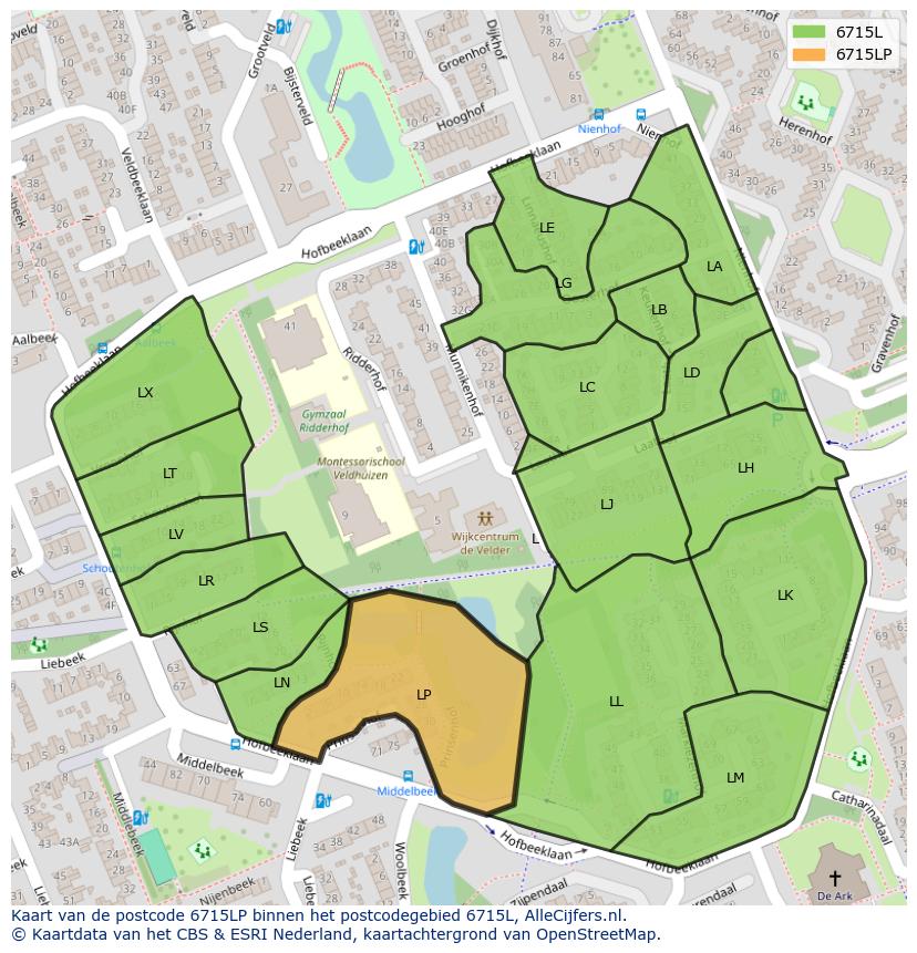 Afbeelding van het postcodegebied 6715 LP op de kaart.