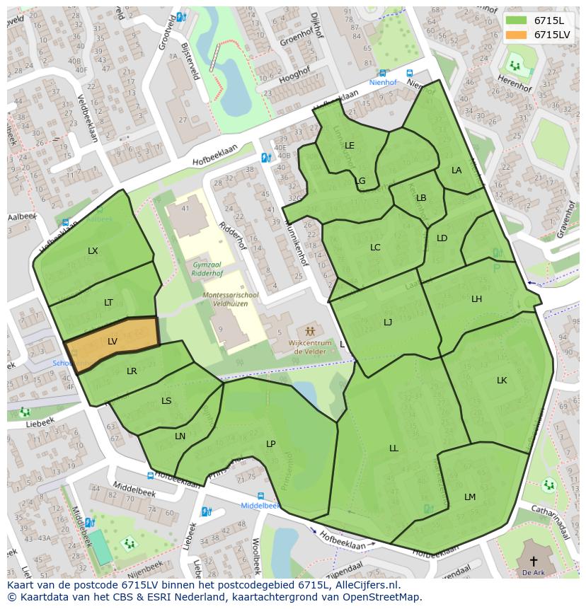Afbeelding van het postcodegebied 6715 LV op de kaart.