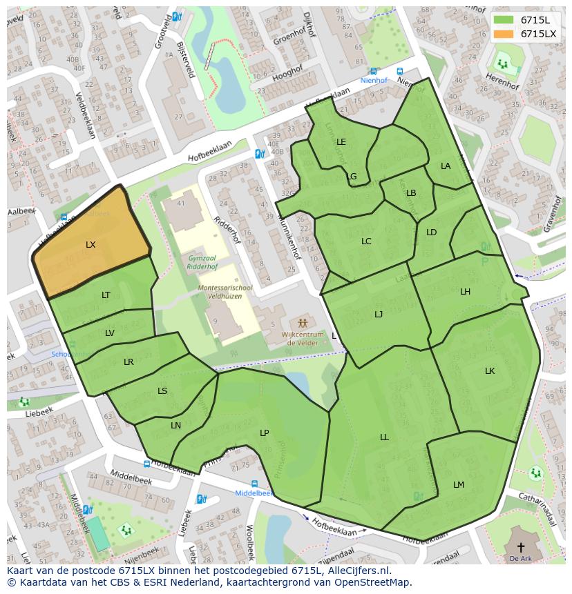 Afbeelding van het postcodegebied 6715 LX op de kaart.