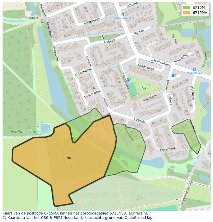 Afbeelding van het postcodegebied 6715 MA op de kaart.