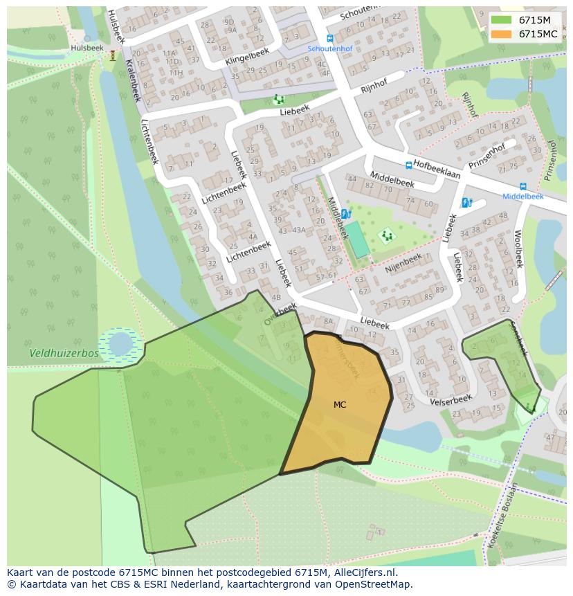 Afbeelding van het postcodegebied 6715 MC op de kaart.