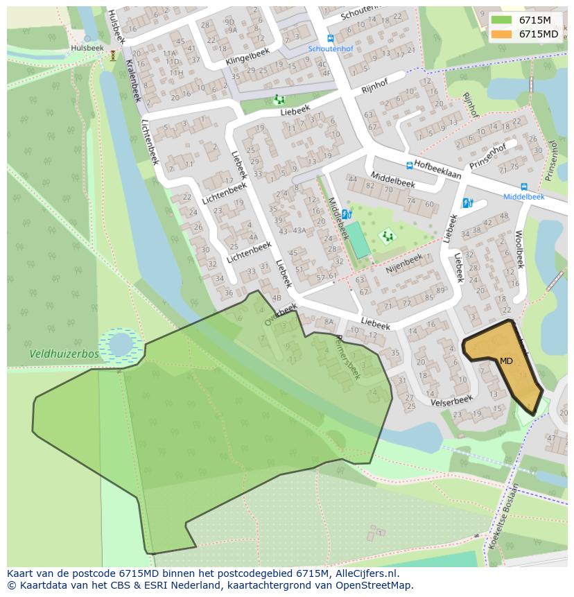 Afbeelding van het postcodegebied 6715 MD op de kaart.
