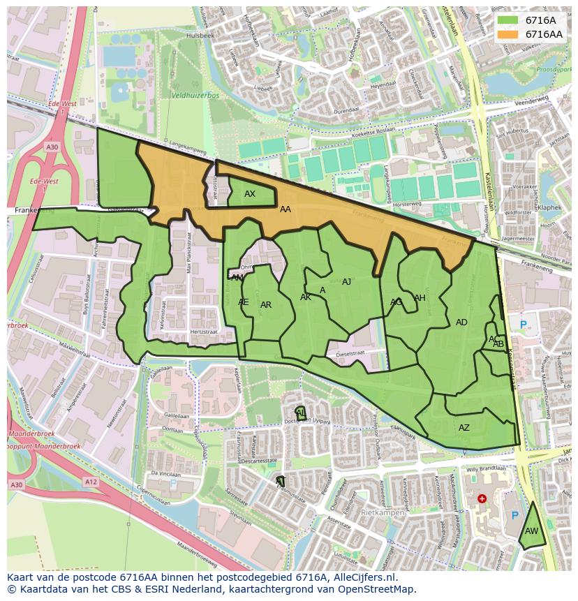 Afbeelding van het postcodegebied 6716 AA op de kaart.