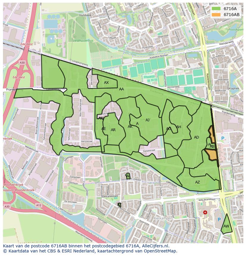 Afbeelding van het postcodegebied 6716 AB op de kaart.
