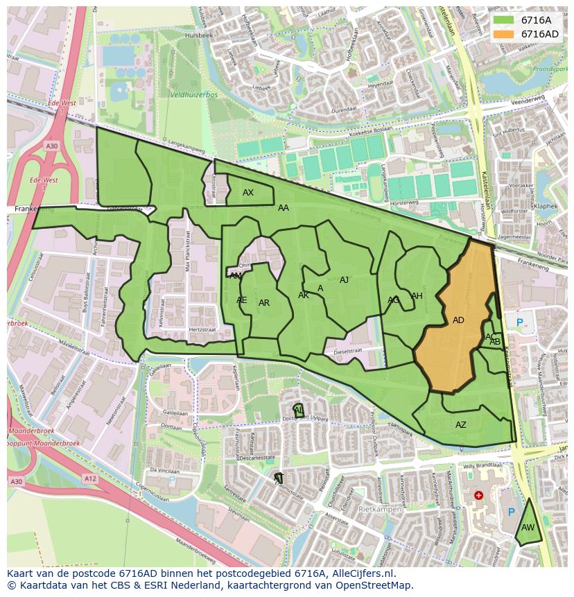 Afbeelding van het postcodegebied 6716 AD op de kaart.