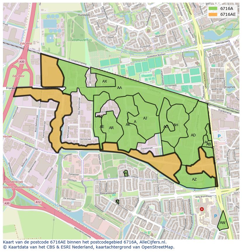 Afbeelding van het postcodegebied 6716 AE op de kaart.