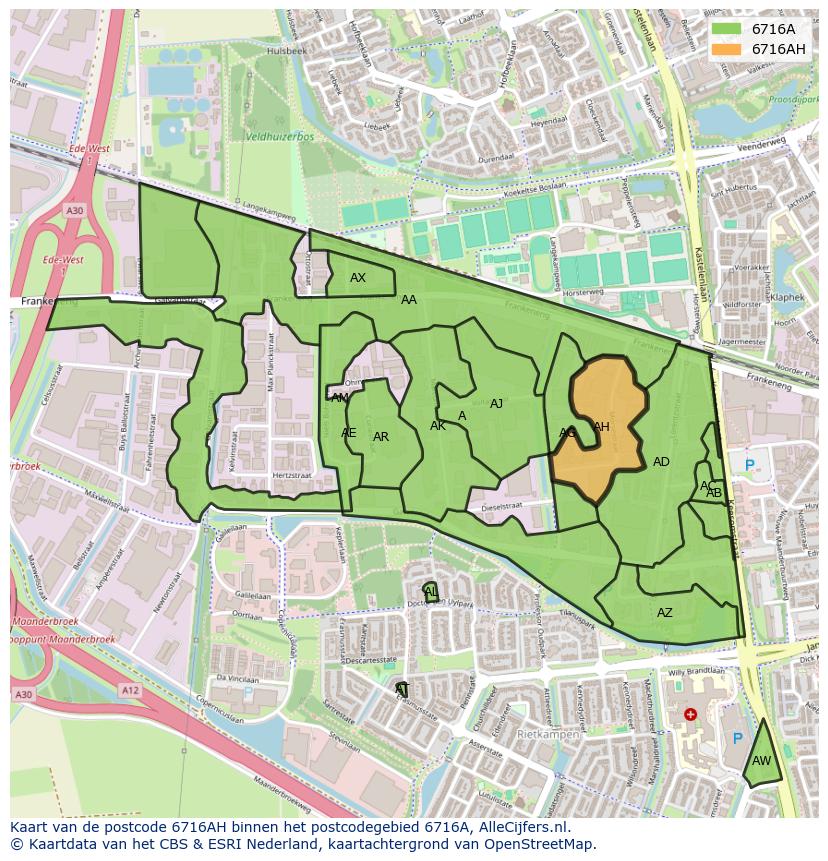 Afbeelding van het postcodegebied 6716 AH op de kaart.