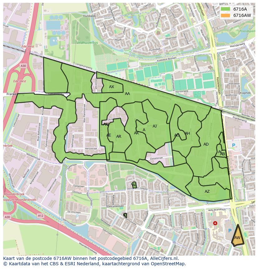 Afbeelding van het postcodegebied 6716 AW op de kaart.
