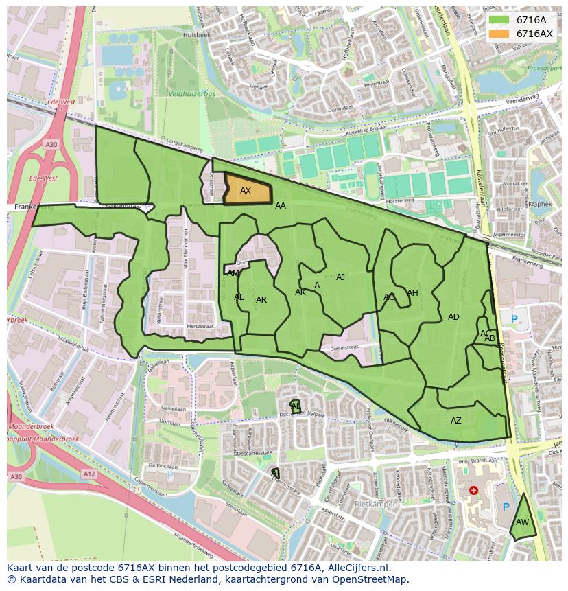 Afbeelding van het postcodegebied 6716 AX op de kaart.
