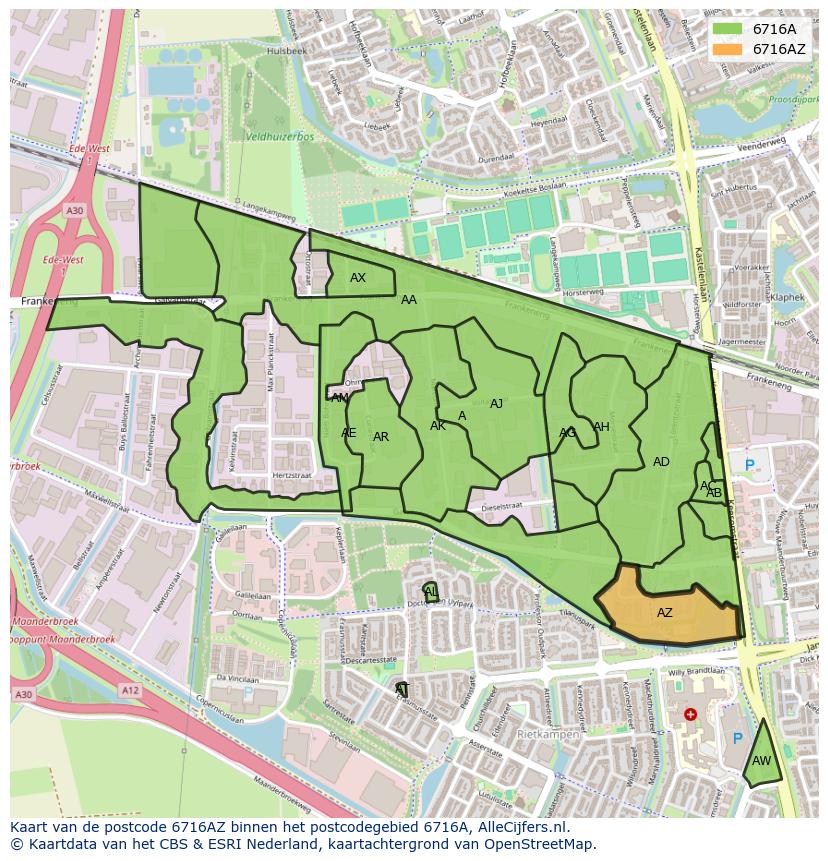 Afbeelding van het postcodegebied 6716 AZ op de kaart.