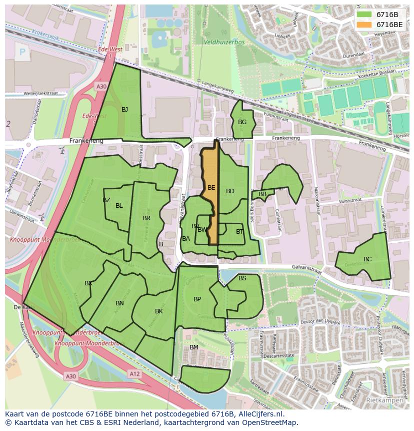 Afbeelding van het postcodegebied 6716 BE op de kaart.