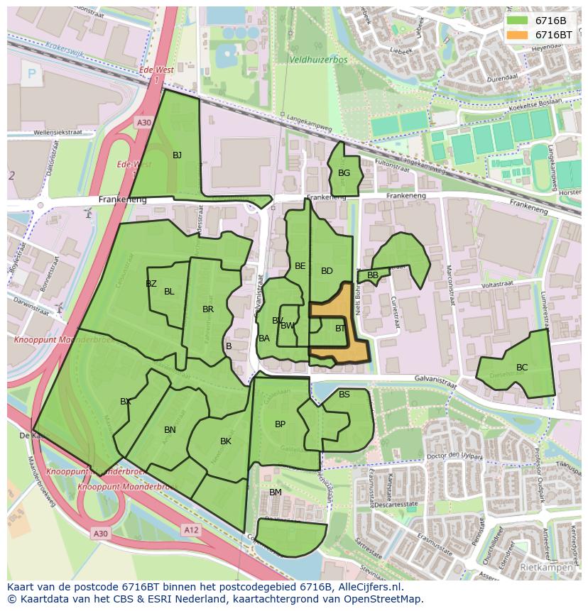 Afbeelding van het postcodegebied 6716 BT op de kaart.
