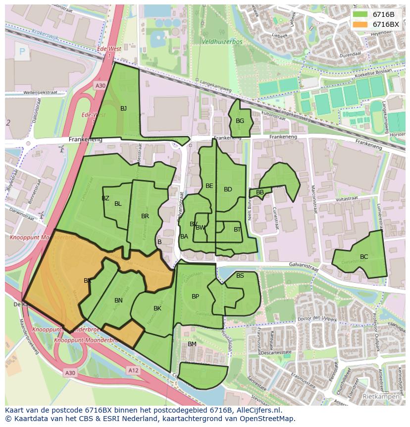 Afbeelding van het postcodegebied 6716 BX op de kaart.