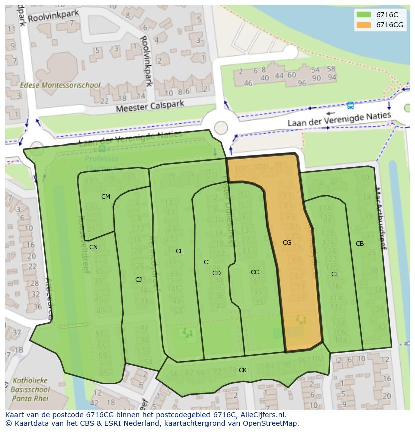 Afbeelding van het postcodegebied 6716 CG op de kaart.