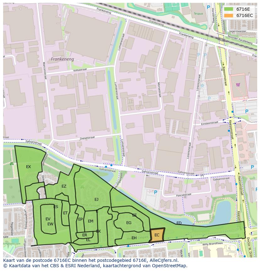 Afbeelding van het postcodegebied 6716 EC op de kaart.