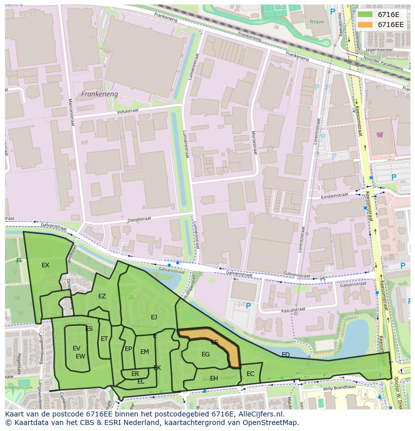 Afbeelding van het postcodegebied 6716 EE op de kaart.