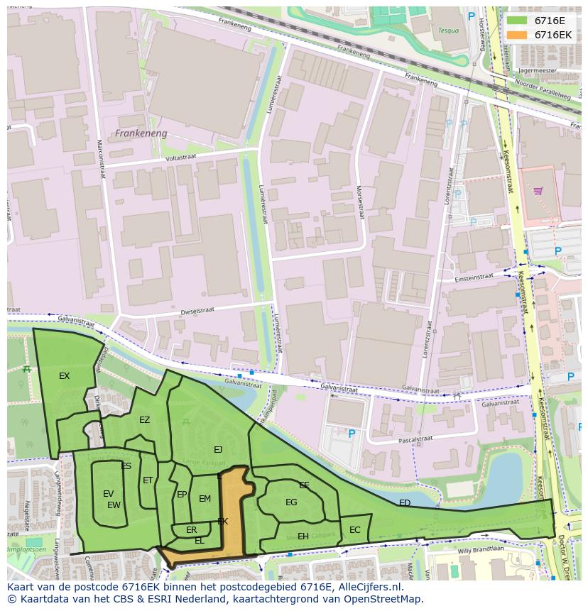 Afbeelding van het postcodegebied 6716 EK op de kaart.