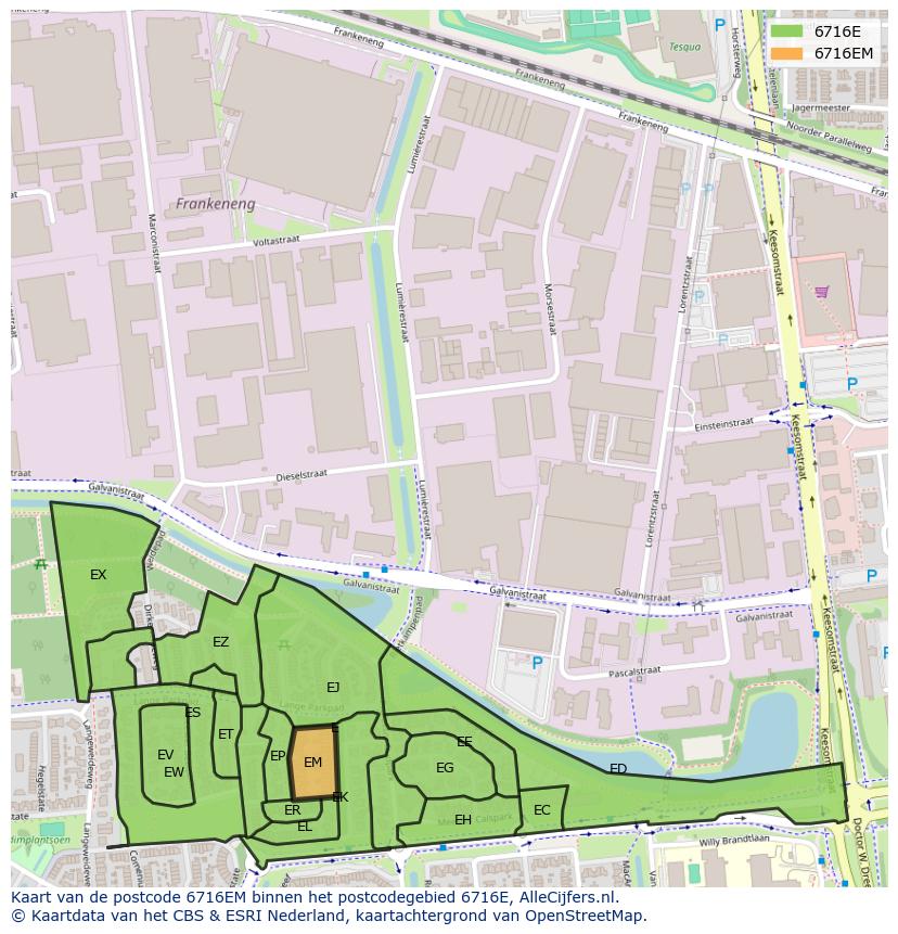 Afbeelding van het postcodegebied 6716 EM op de kaart.