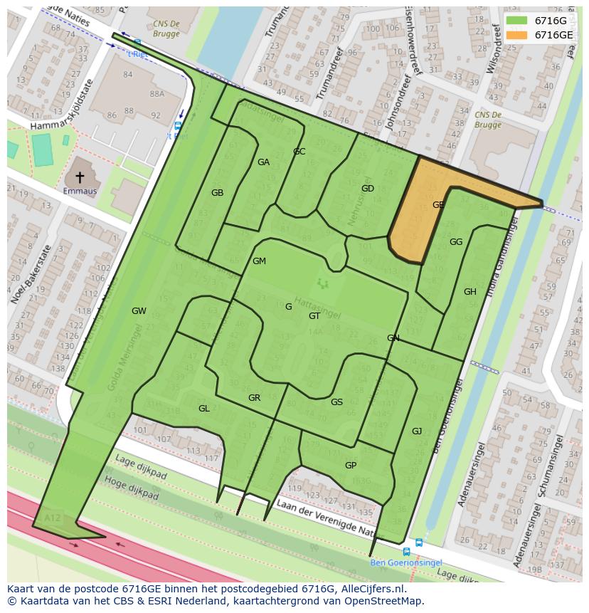 Afbeelding van het postcodegebied 6716 GE op de kaart.