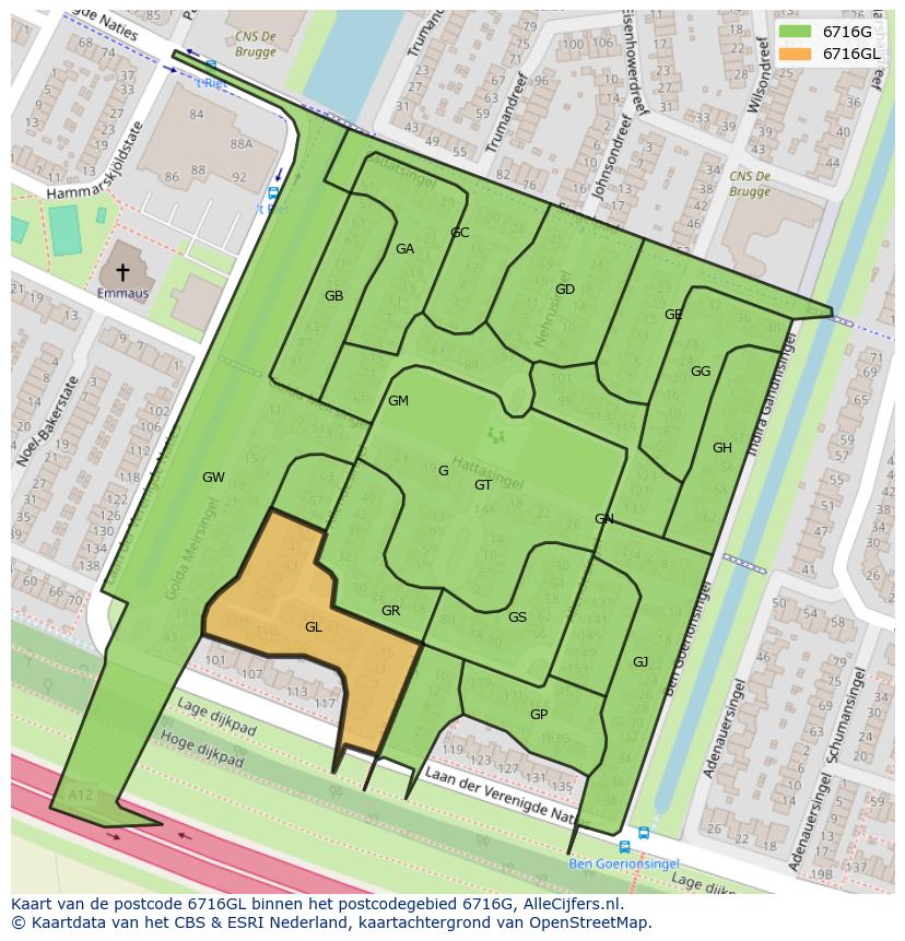 Afbeelding van het postcodegebied 6716 GL op de kaart.