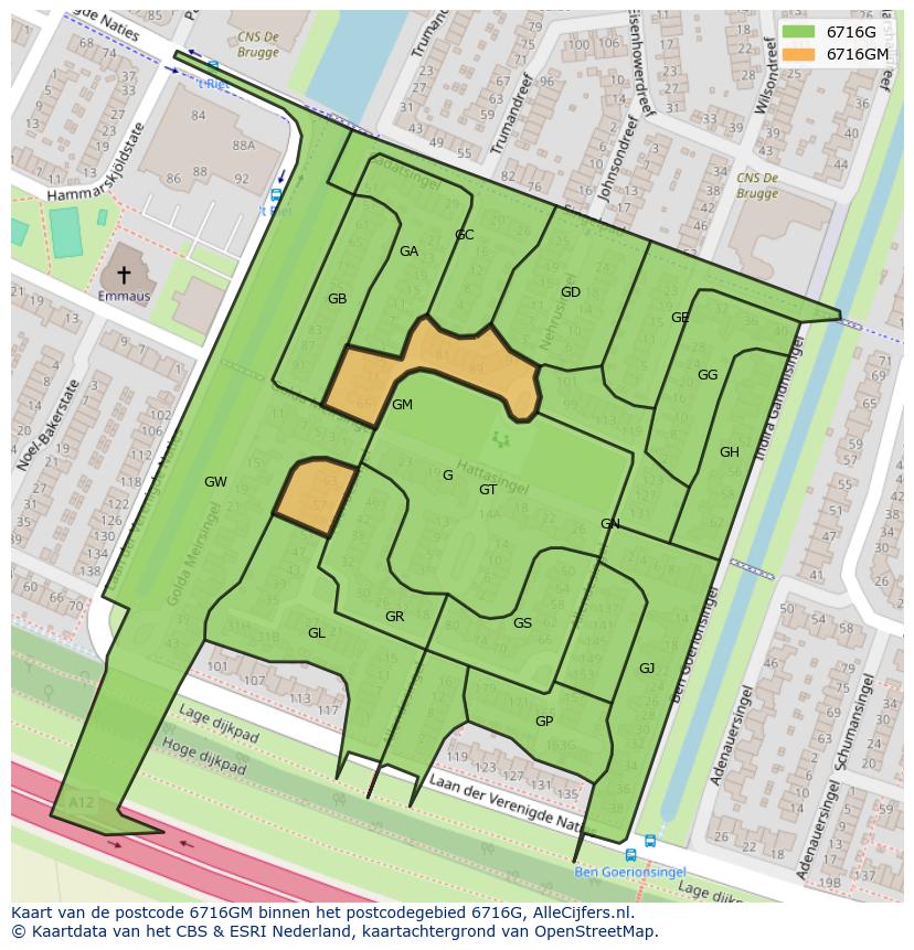Afbeelding van het postcodegebied 6716 GM op de kaart.