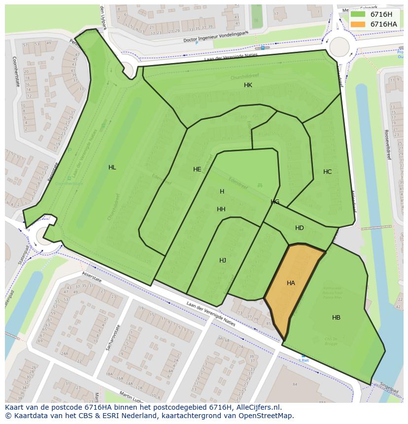 Afbeelding van het postcodegebied 6716 HA op de kaart.
