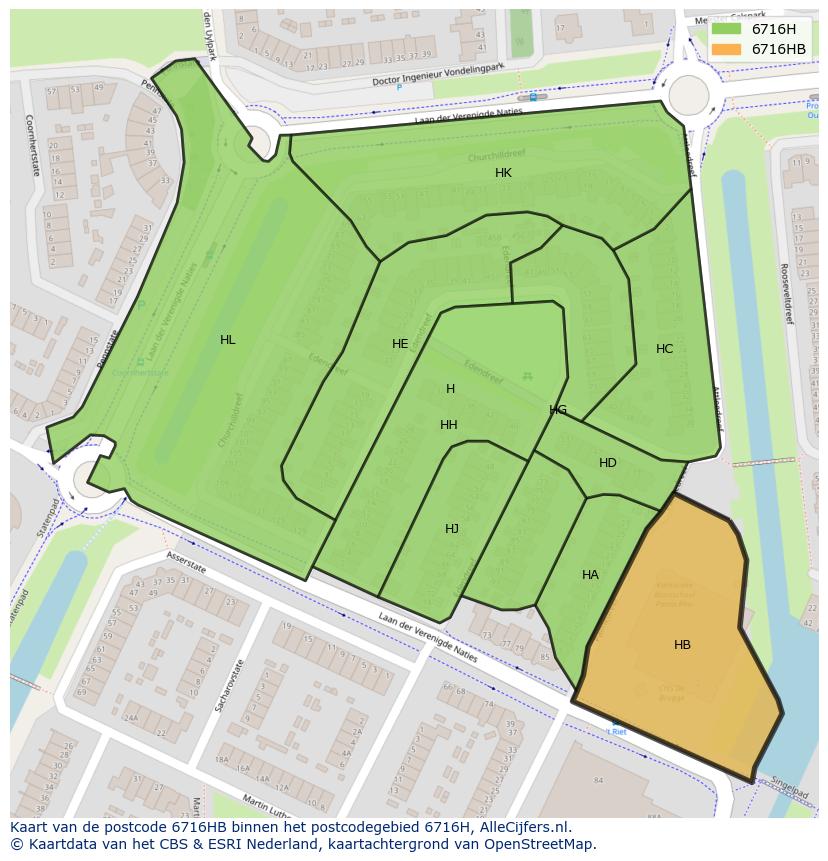 Afbeelding van het postcodegebied 6716 HB op de kaart.