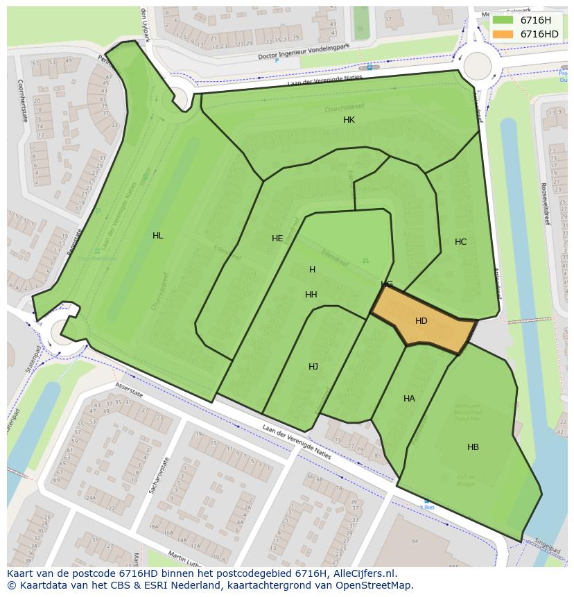 Afbeelding van het postcodegebied 6716 HD op de kaart.