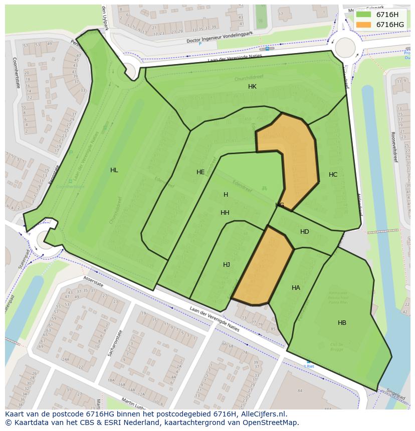 Afbeelding van het postcodegebied 6716 HG op de kaart.