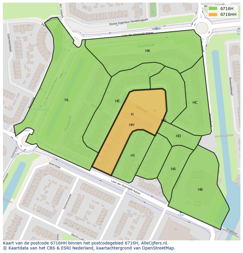 Afbeelding van het postcodegebied 6716 HH op de kaart.
