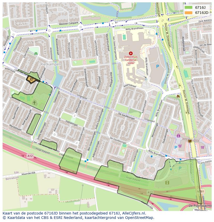 Afbeelding van het postcodegebied 6716 JD op de kaart.