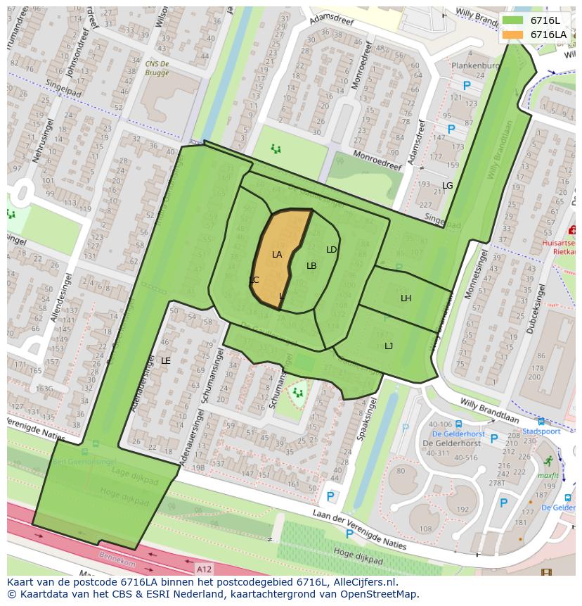 Afbeelding van het postcodegebied 6716 LA op de kaart.