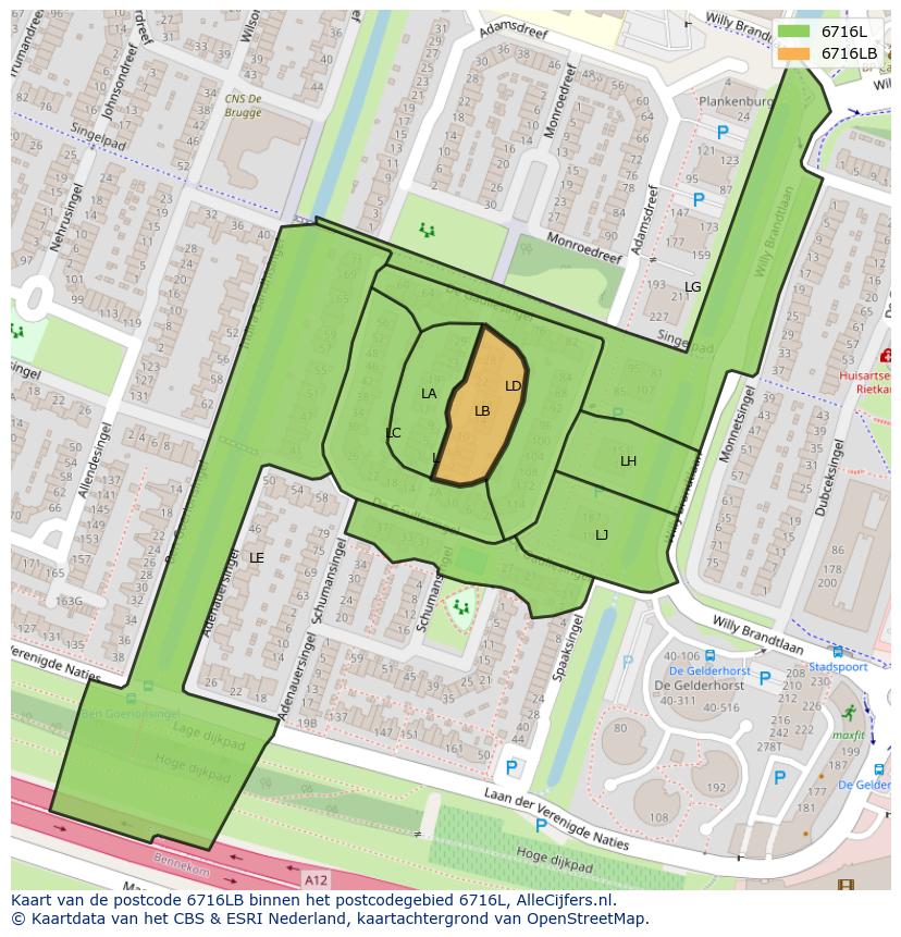 Afbeelding van het postcodegebied 6716 LB op de kaart.