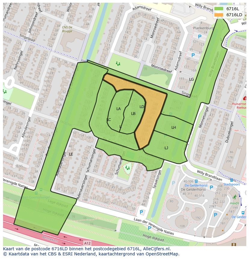 Afbeelding van het postcodegebied 6716 LD op de kaart.