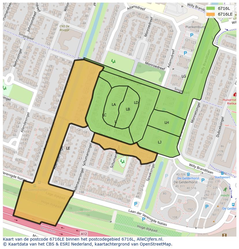 Afbeelding van het postcodegebied 6716 LE op de kaart.