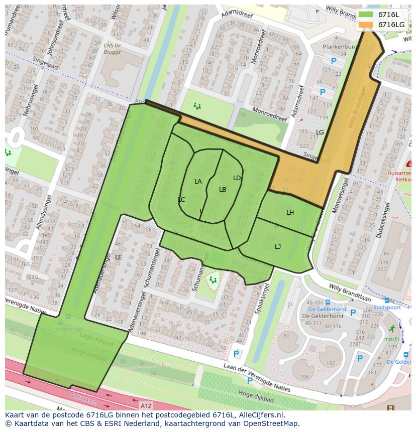 Afbeelding van het postcodegebied 6716 LG op de kaart.